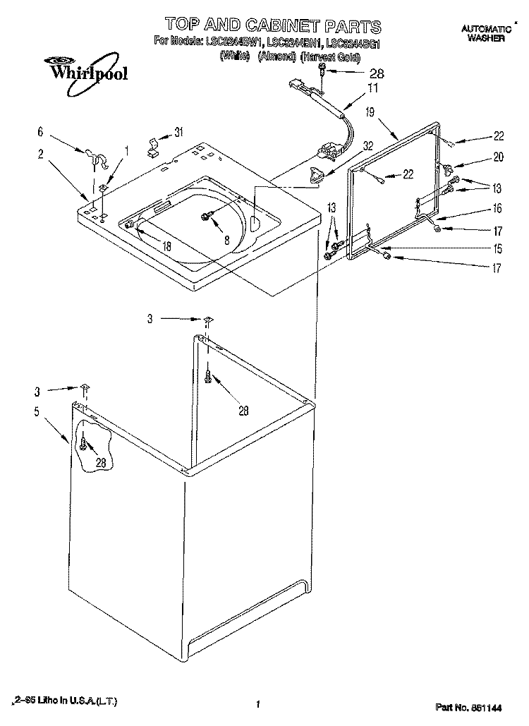 TOP AND CABINET, LIT/OPTIONAL Diagram and Parts List for LSC8244BW1  Whirlpool Washer