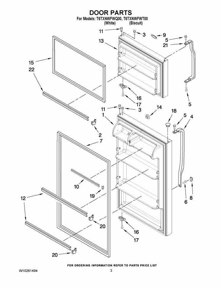 DOOR PARTS Diagram and Parts List for T6TXNWFWT00  Estate Refrigerator