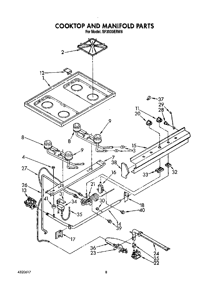 COOKTOP AND MANIFOLD, LIT/OPTIONAL Diagram and Parts List for SF3000ERN6  Whirlpool Range