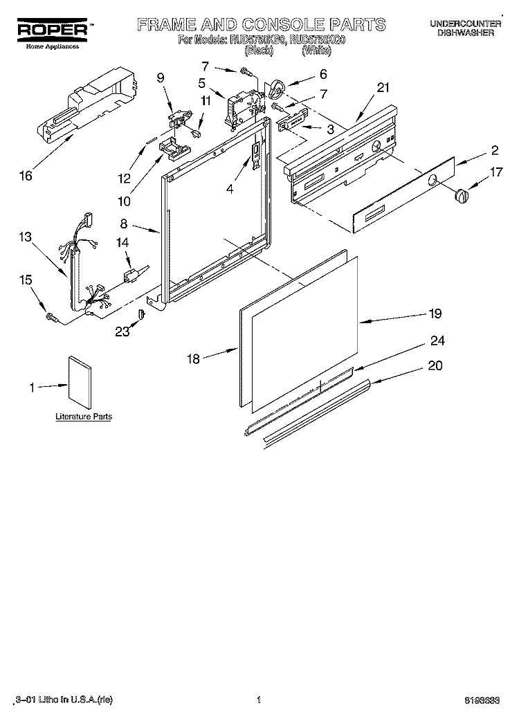 FRAME AND CONSOLE, LITERATURE Diagram and Parts List for RUD5750KQ0  Roper Dishwasher