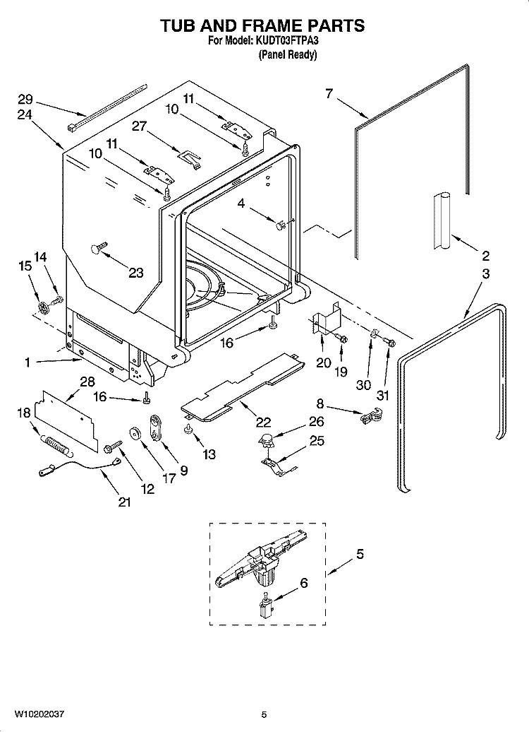 TUB AND FRAME PARTS Diagram and Parts List for KUDT03FTPA3  KitchenAid Dishwasher