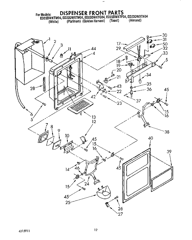 DISPENSER FRONT Diagram and Parts List for ED22DWXTG04  Whirlpool Refrigerator