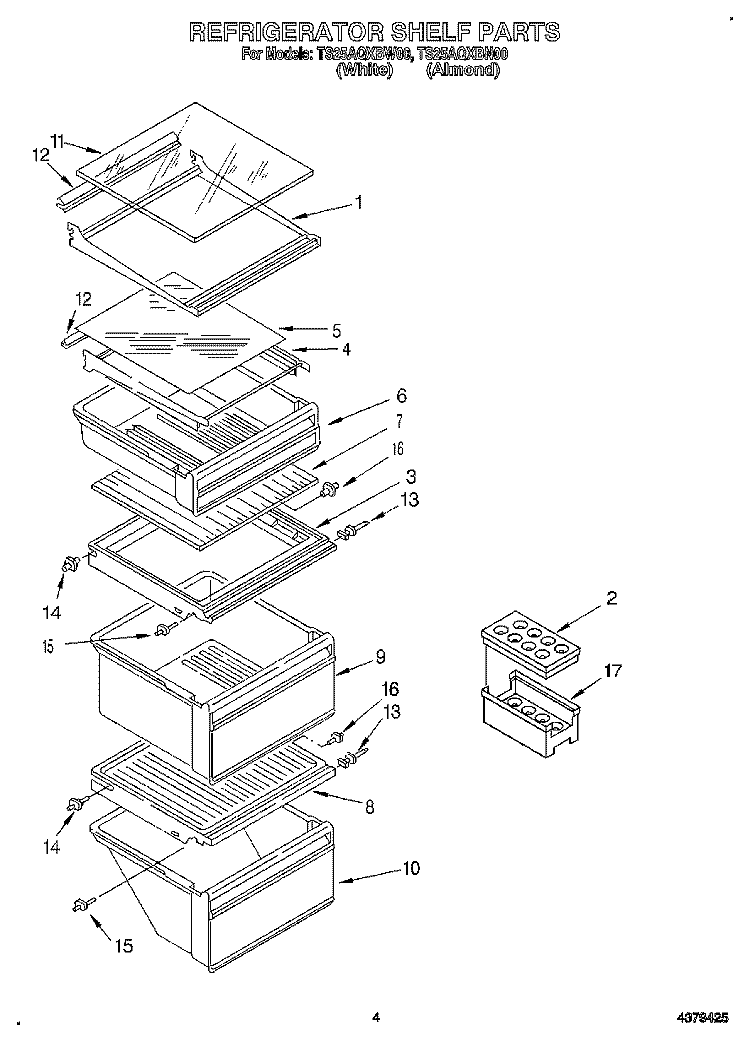 REFRIGERATOR SHELF Diagram and Parts List for TS25AQXBW00  Estate Refrigerator