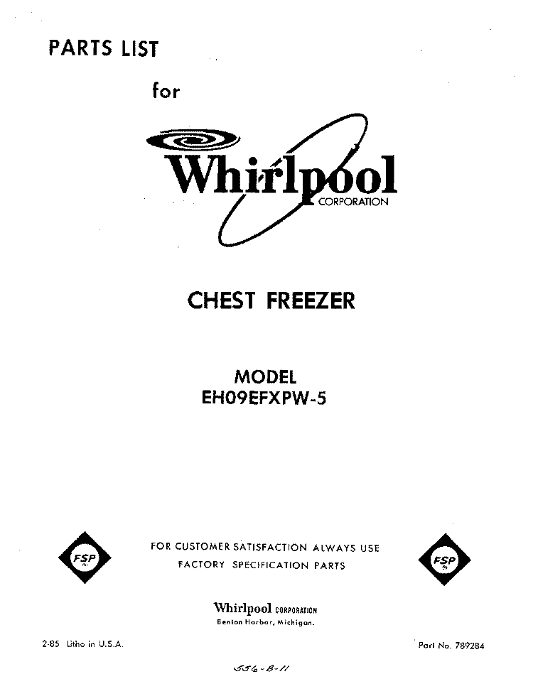 SECTION Diagram and Parts List for EH09EFXPW5  Whirlpool Freezer