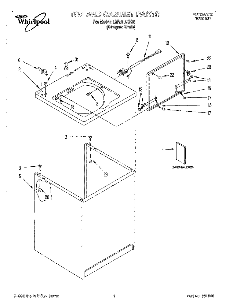 TOP AND CABINET, LITERATURE Diagram and Parts List for LSR5100HQ0  Whirlpool Washer