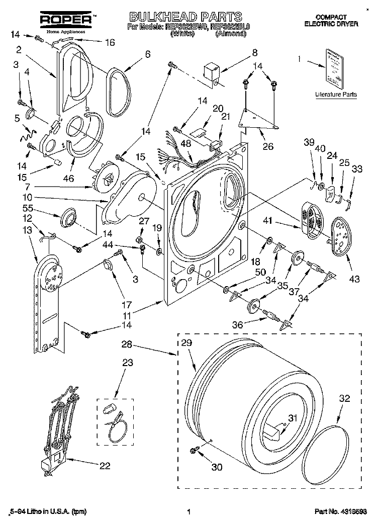 SECTION Diagram and Parts List for REP3622BL0  Roper Dryer