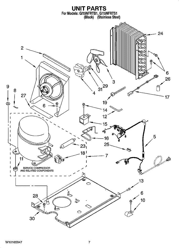 UNIT PARTS, OPTIONAL PARTS (NOT INCLUDED) Diagram and Parts List for GI15NFRTB1  Whirlpool Ice Maker