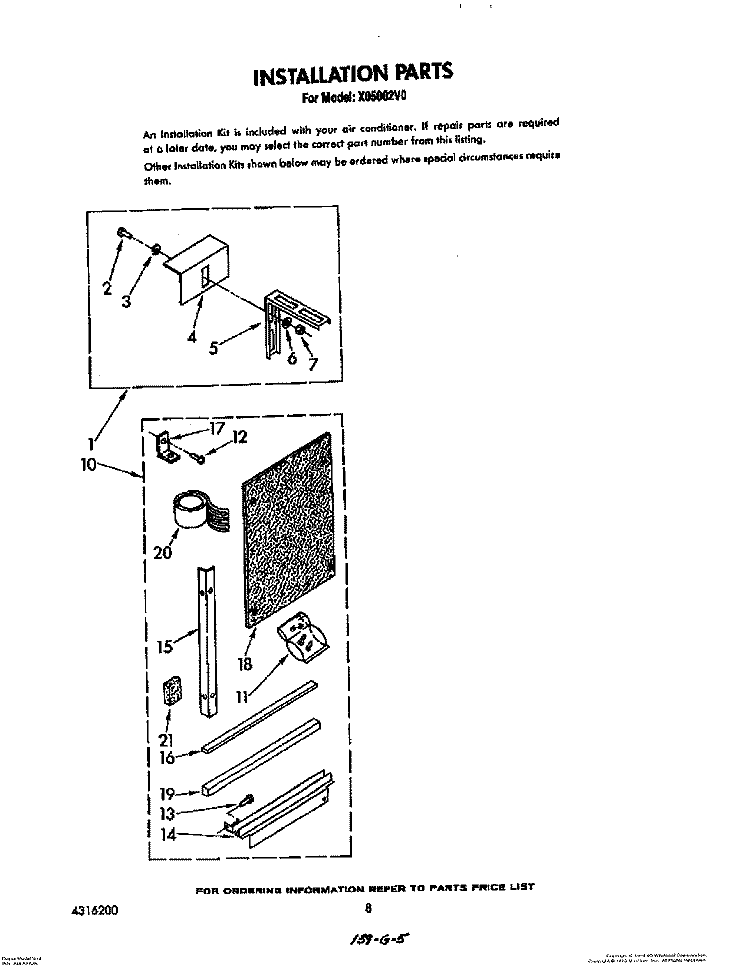 INSTALLATION Diagram and Parts List for X05002V0  Roper Air Conditioner