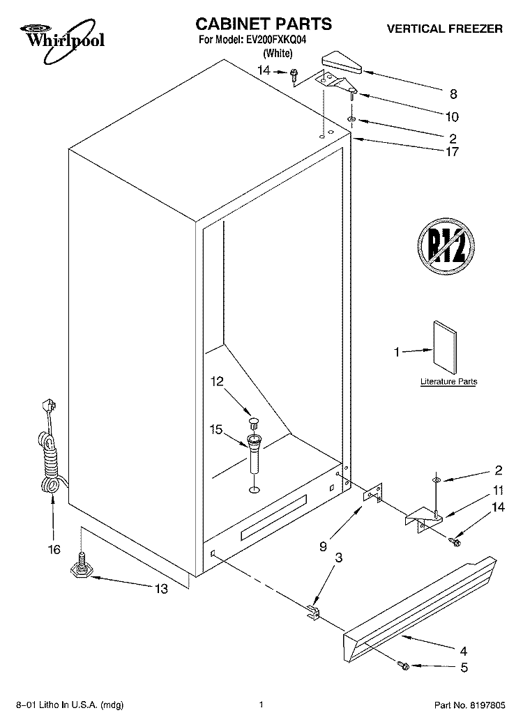 CABINET, LITERATURE Diagram and Parts List for EV200FXKQ04  Whirlpool Freezer