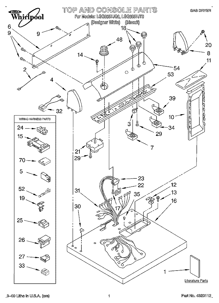 TOP AND CONSOLE, LIT/OPTIONAL Diagram and Parts List for LGQ8857JT0  Whirlpool Dryer
