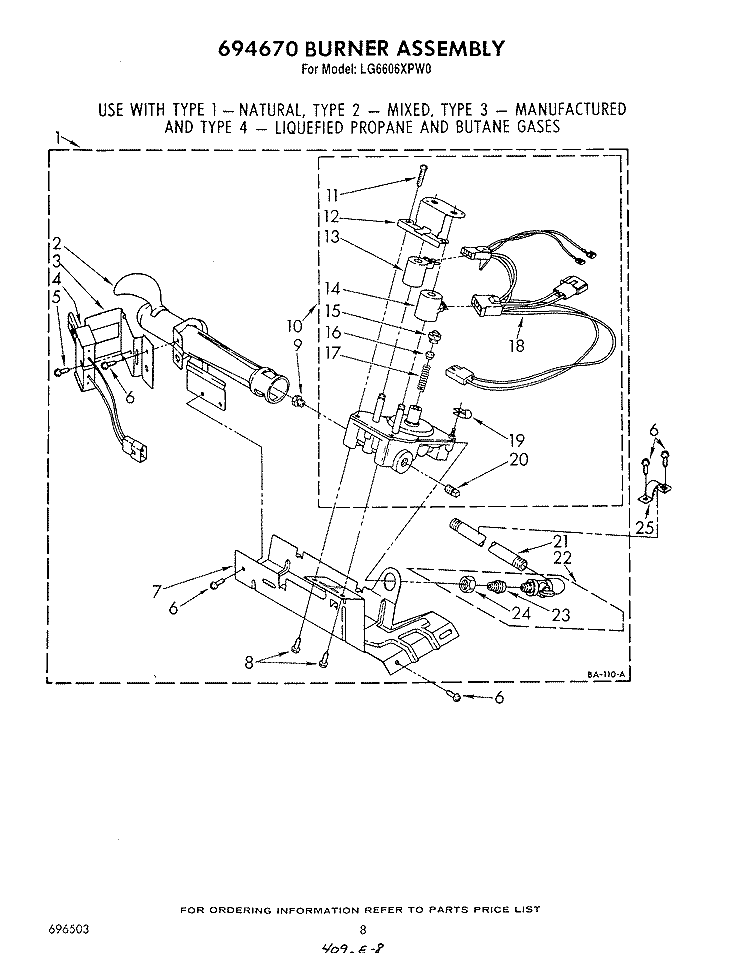BURNER Diagram and Parts List for LG6606XPW0  Whirlpool Dryer