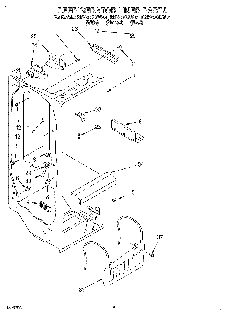 REFRIGERATOR LINER Diagram and Parts List for KSRP27QDAL01  KitchenAid Refrigerator