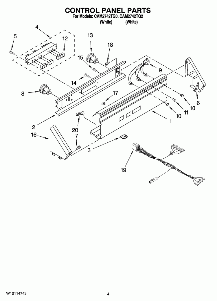 CONTROL PANEL PARTS Diagram and Parts List for CAM2742TQ2  Whirlpool Washer