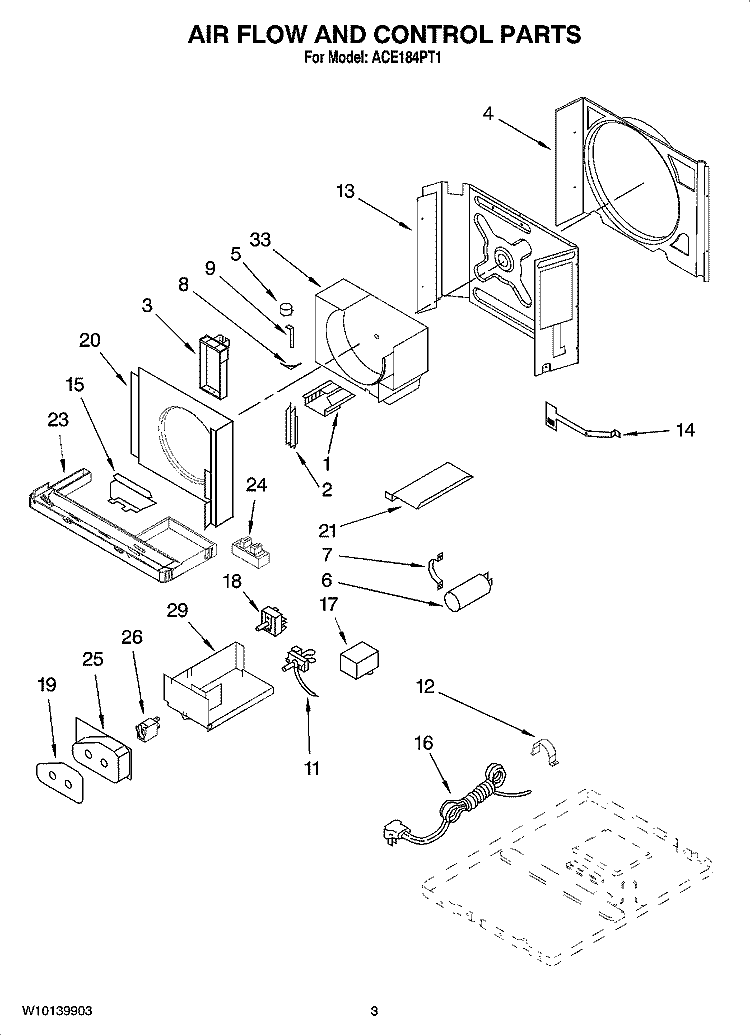 AIR FLOW AND CONTROL PARTS Diagram and Parts List for ACE184PT1  Whirlpool Air Conditioner
