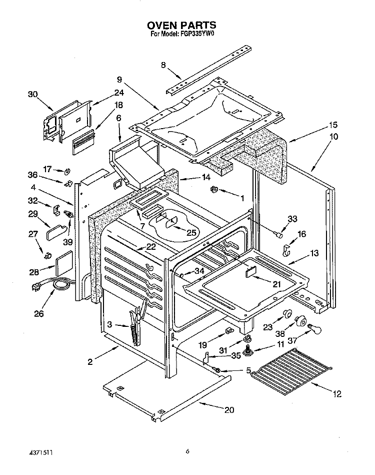 OVEN Diagram and Parts List for FGP335YL0  Roper Range
