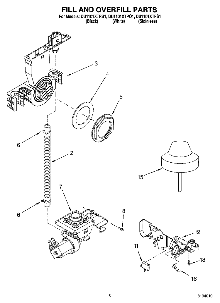 FILL AND OVERFILL PARTS Diagram and Parts List for DU1101XTPB1  Whirlpool Dishwasher