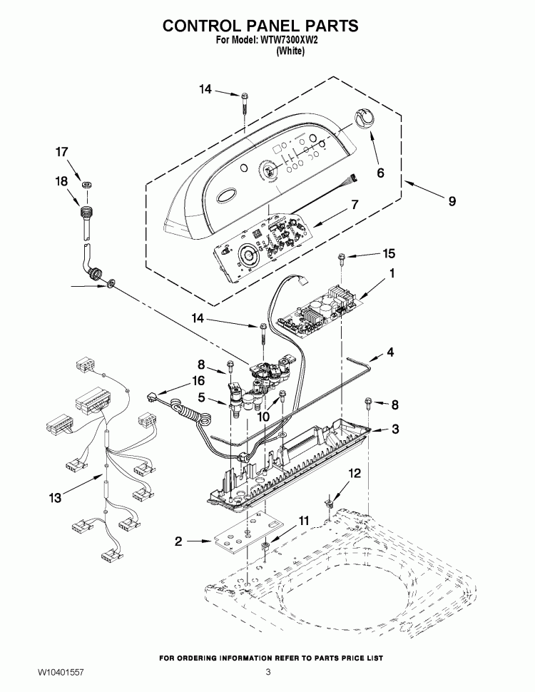 CONTROL PANEL PARTS Diagram and Parts List for WTW7300XW2  Whirlpool Washer