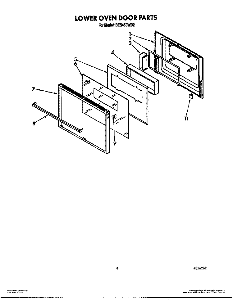 LOWER OVEN DOOR Diagram and Parts List for BES450WB2  Roper Range