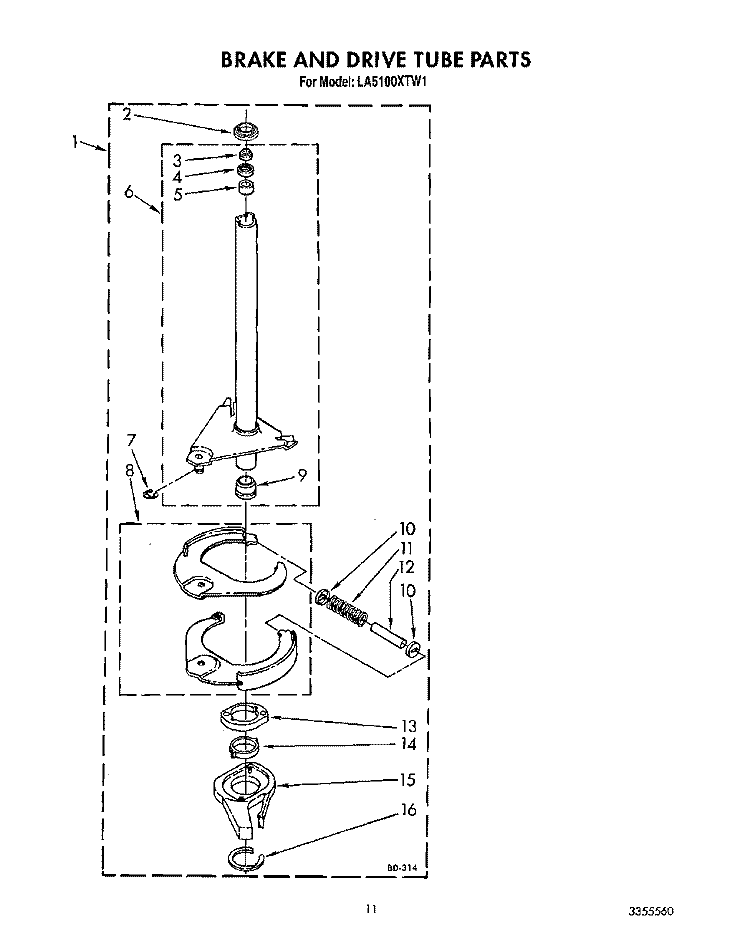 BRAKE AND DRIVE TUBE Diagram and Parts List for LA5100XTF1  Whirlpool Washer