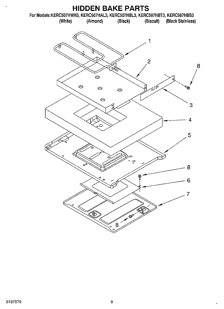 HIDDEN BAKE Diagram and Parts List for KERC507HBL3  KitchenAid Range