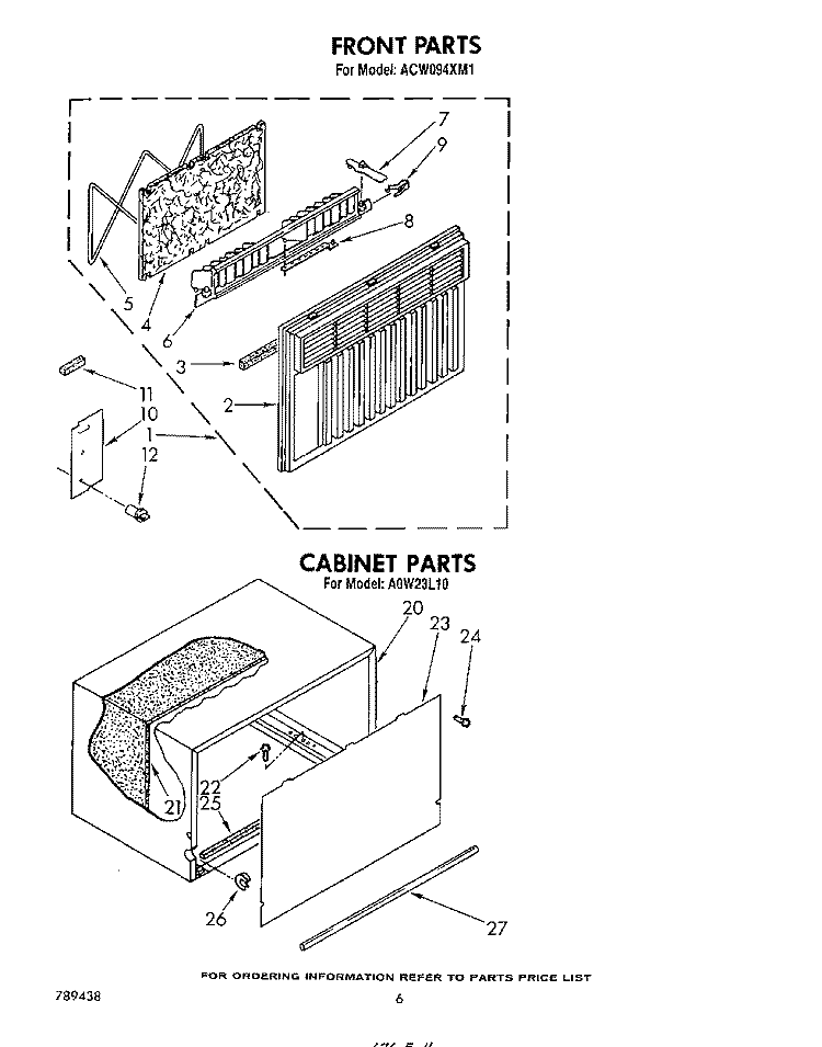 FRONT , CABINET Diagram and Parts List for ACW094XM1  Whirlpool Air Conditioner