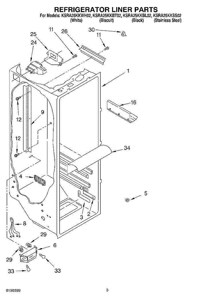 REFRIGERATOR LINER PARTS Diagram and Parts List for KSRA25KKBT02  KitchenAid Refrigerator