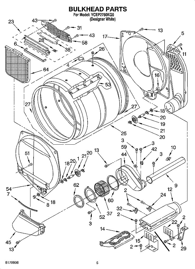 BULKHEAD PARTS Diagram and Parts List for YCEP2760KQ0  Whirlpool Dryer