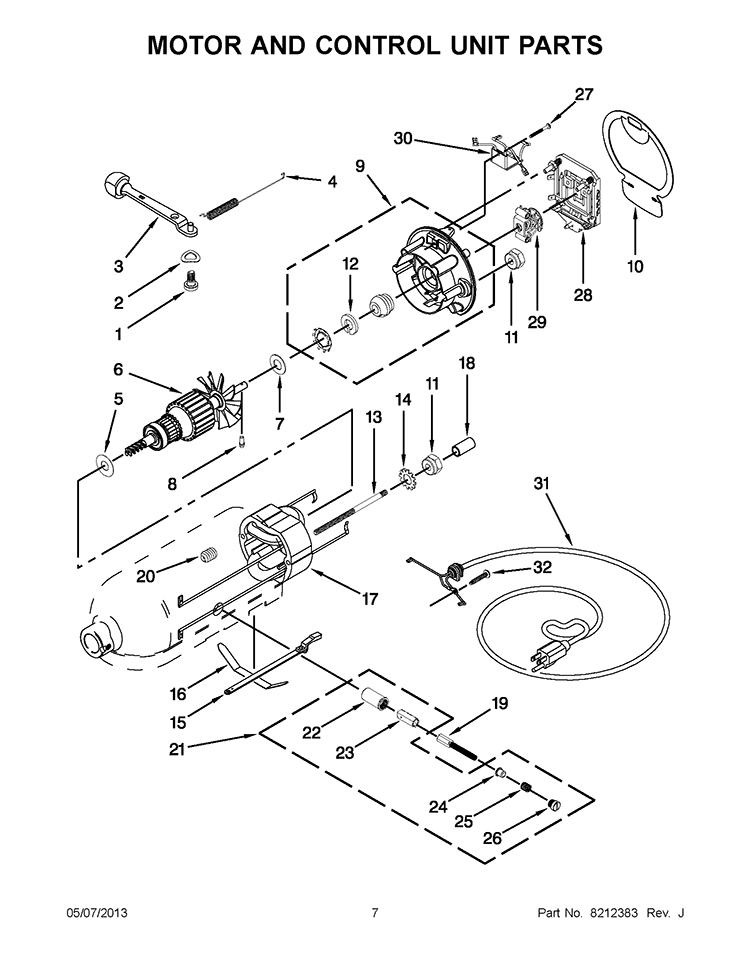 MOTOR AND CONTROL UNIT PARTS Diagram and Parts List for 5KSM150PSEBZ4  KitchenAid Mixer