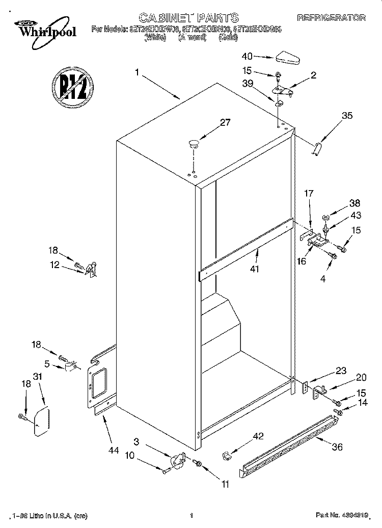 CABINET Diagram and Parts List for 8ET20ZKXDG03  Whirlpool Refrigerator