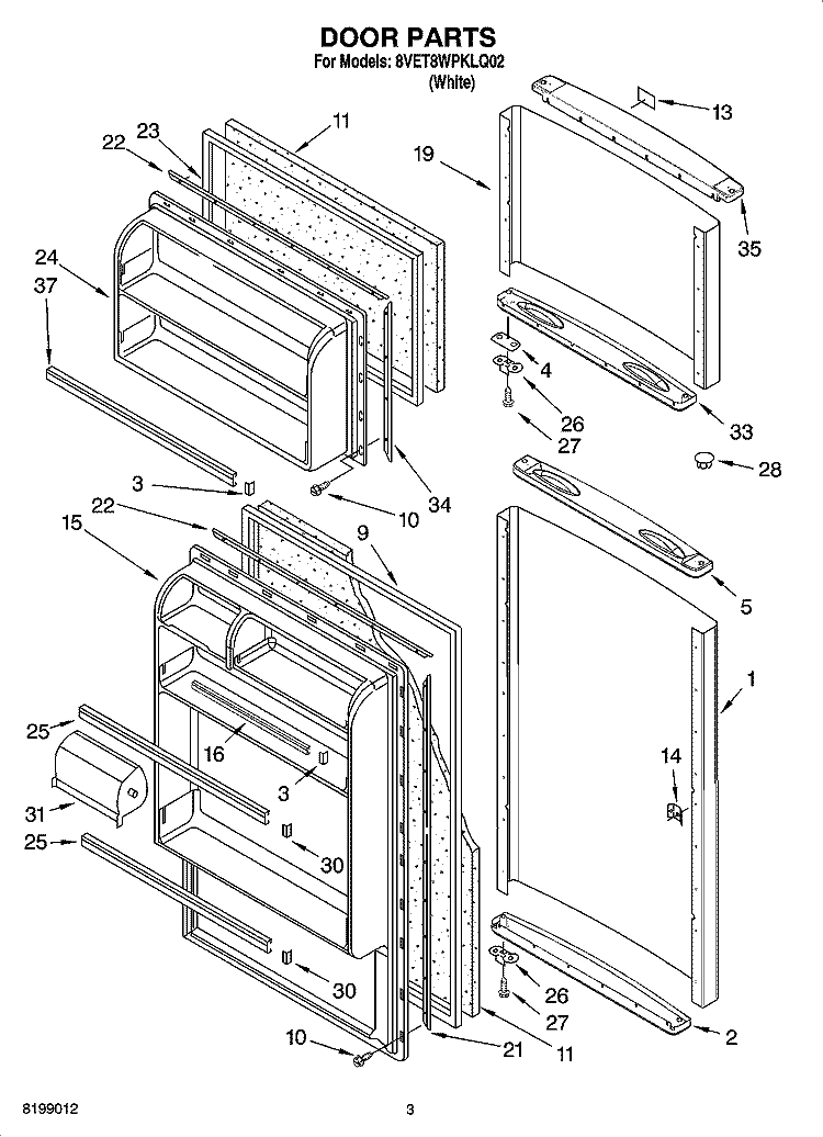 DOOR PARTS Diagram and Parts List for 8VET8WPKLQ02  Whirlpool Refrigerator