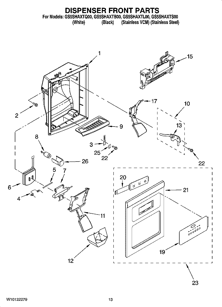 DISPENSER FRONT PARTS Diagram and Parts List for GS5SHAXTB00  Whirlpool Refrigerator