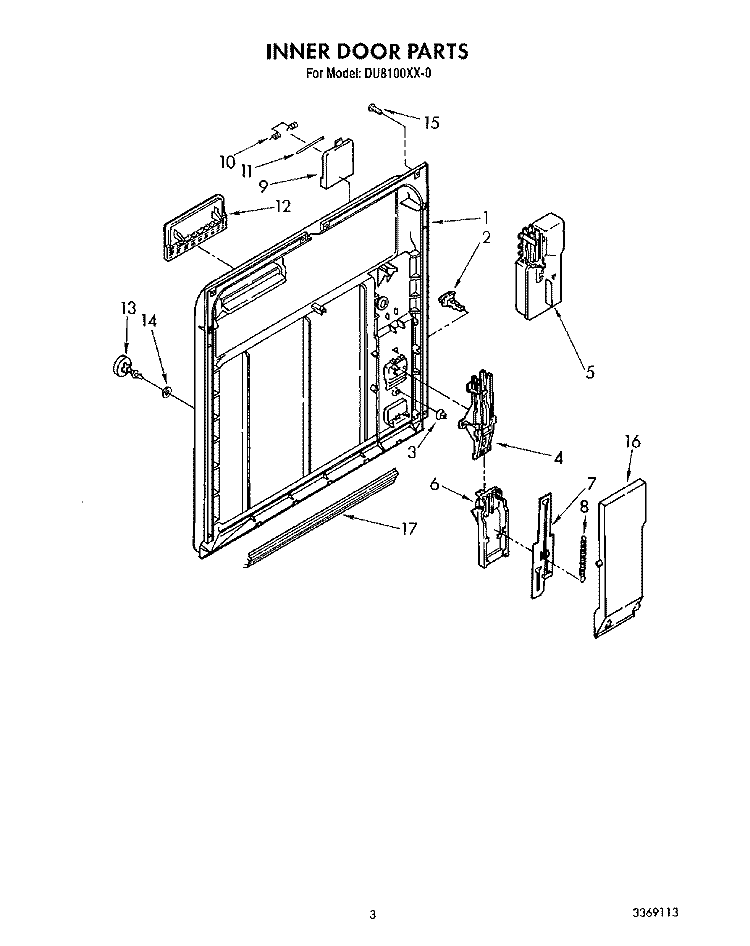 INNER DOOR Diagram and Parts List for DU8100XX0  Whirlpool Dishwasher