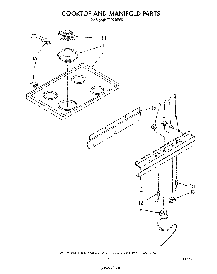 COOK TOP AND MANIFOLD Diagram and Parts List for FEP210VW1  Roper Range