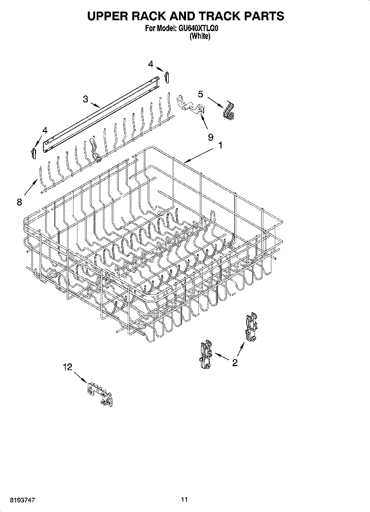 UPPER RACK AND TRACK PARTS Diagram and Parts List for GU640XTLQ0  Whirlpool Dishwasher