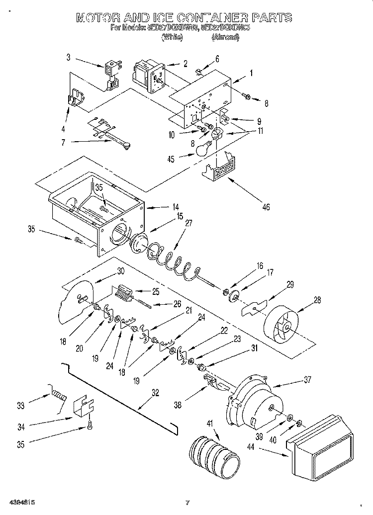 MOTOR AND ICE CONTAINER Diagram and Parts List for 8ED27DQXDW03  Whirlpool Refrigerator
