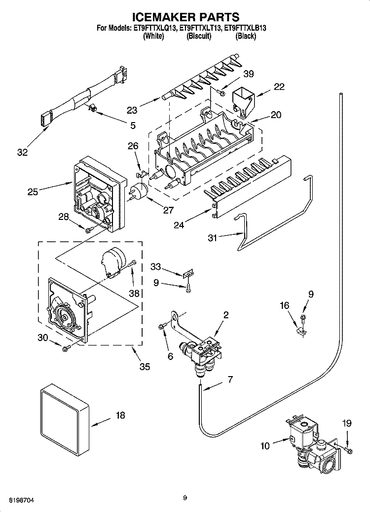 ICEMAKER PARTS Diagram and Parts List for ET9FTTXLQ13  Whirlpool Refrigerator