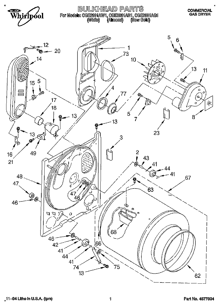 BULKHEAD, LIT/OPTIONAL Diagram and Parts List for CGE2991AG1  Whirlpool Dryer