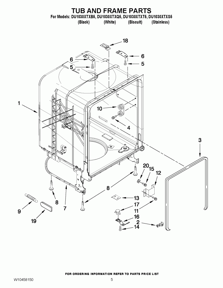TUB AND FRAME PARTS Diagram and Parts List for DU1030XTXT5  Whirlpool Dishwasher