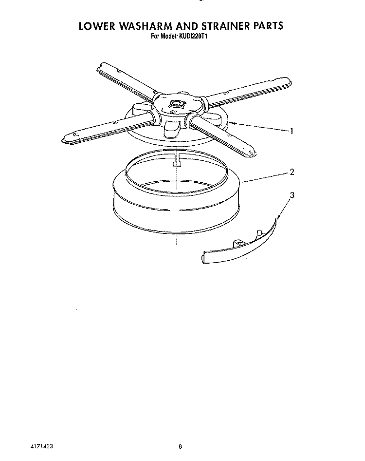 LOWER WASHARM AND STRAINER Diagram and Parts List for KUDI220T1  KitchenAid Dishwasher