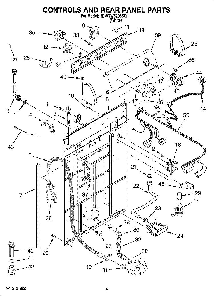 CONTROLS AND REAR PANEL PARTS Diagram and Parts List for 1DWTW5205SQ1  Whirlpool Washer