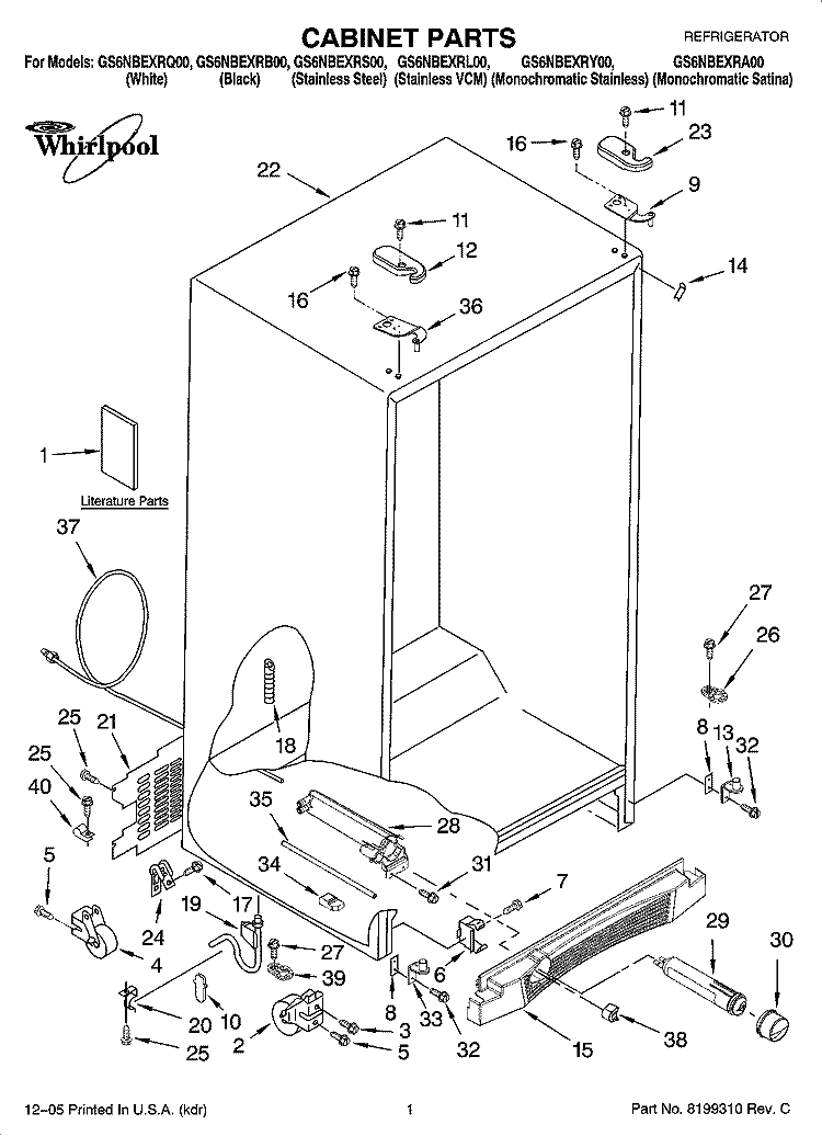 CABINET PARTS Diagram and Parts List for GS6NBEXRY00  Whirlpool Refrigerator