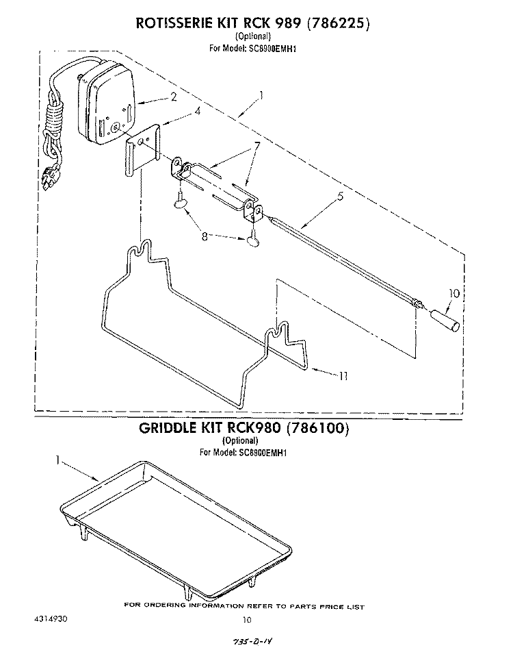 ROTISSERIE RCK989 (786225) , GRIDDL Diagram and Parts List for SC8900EMH1  Whirlpool Cooktop