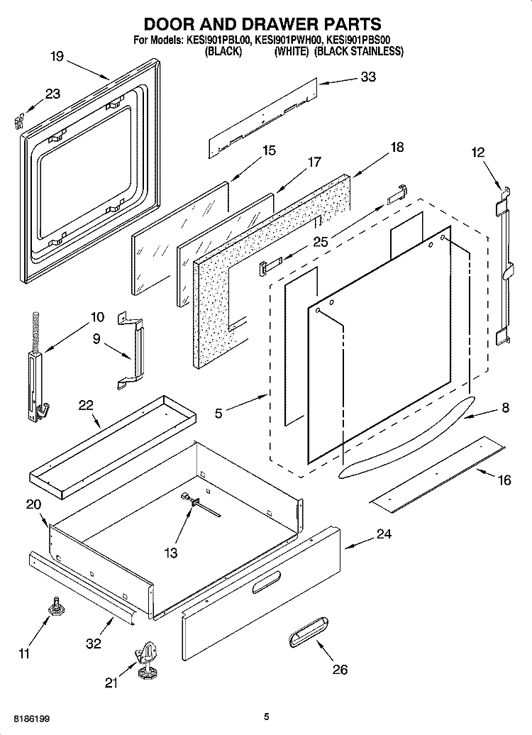 DOOR AND DRAWER PARTS Diagram and Parts List for KESI901PWH00  KitchenAid Range