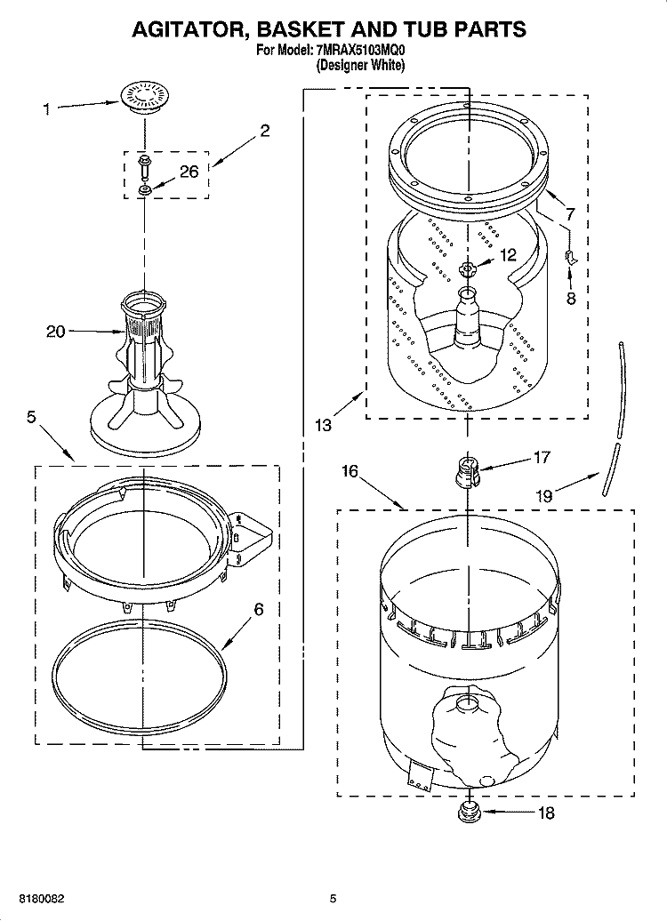 AGITATOR, BASKET AND TUB PARTS Diagram and Parts List for 7MRAX5103MQ0  Roper Washer