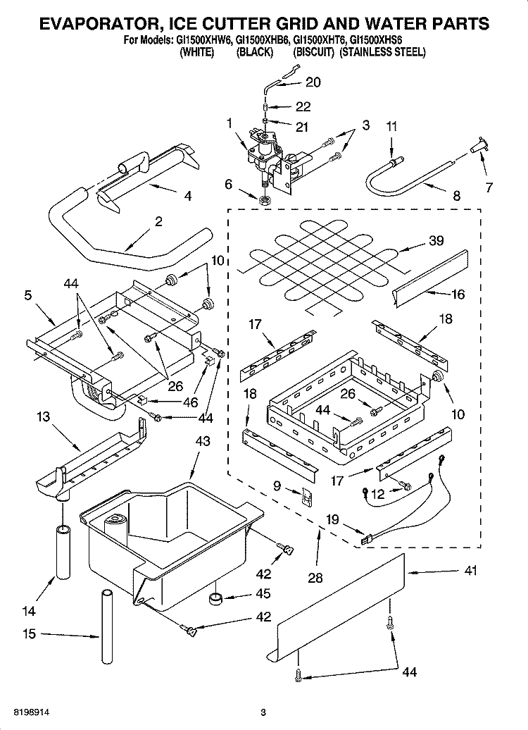 EVAPORATOR ICE CUTTER GRID AND WATER PARTS Diagram and Parts List for GI1500XHB6  Whirlpool Ice Maker