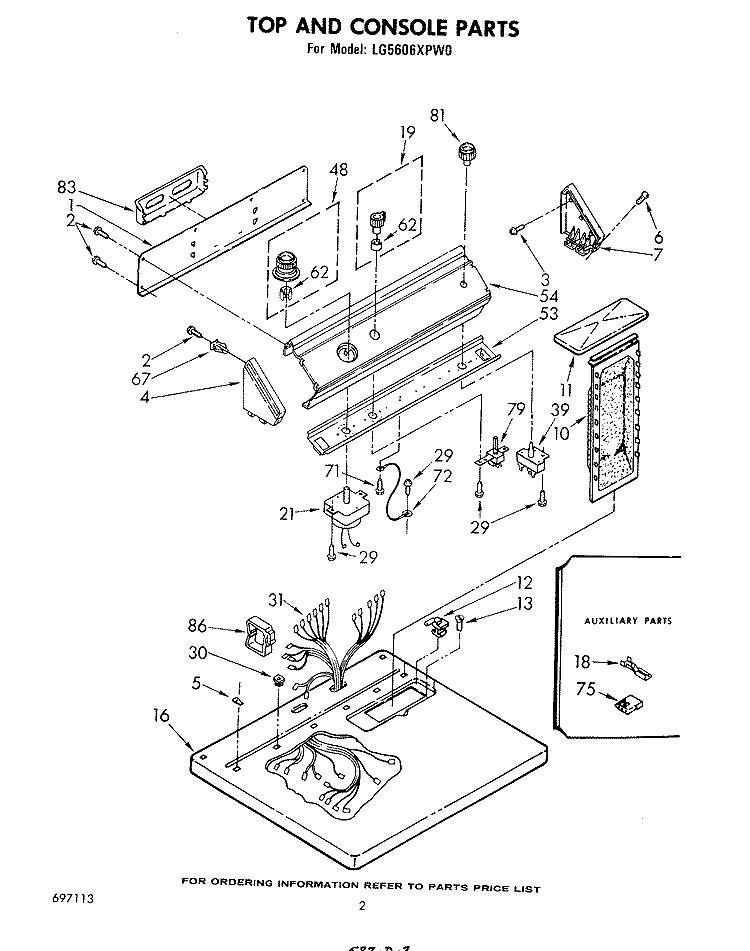 TOP AND CONSOLE, LITERATURE AND OPTIONAL Diagram and Parts List for LG5606XPW0  Whirlpool Dryer