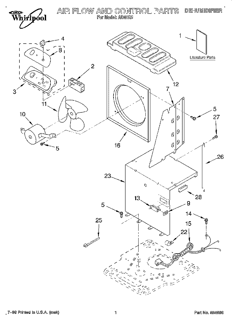 SECTION Diagram and Parts List for AD40G2  Whirlpool Dehumidifier