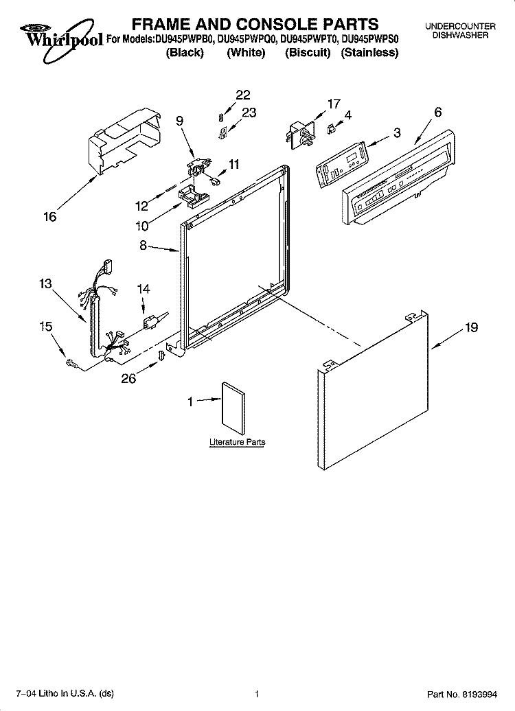 FRAME AND CONSOLE PARTS Diagram and Parts List for DU945PWPQ0  Whirlpool Dishwasher