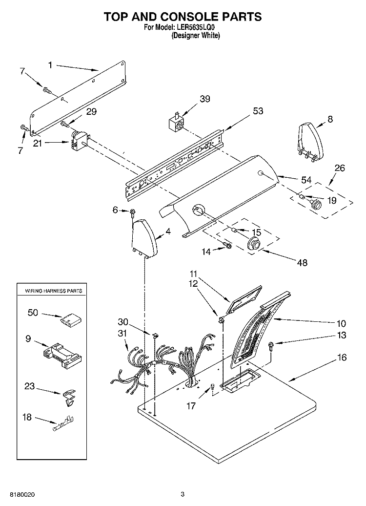 TOP AND CONSOLE PARTS Diagram and Parts List for LER5635LQ0  Whirlpool Dryer