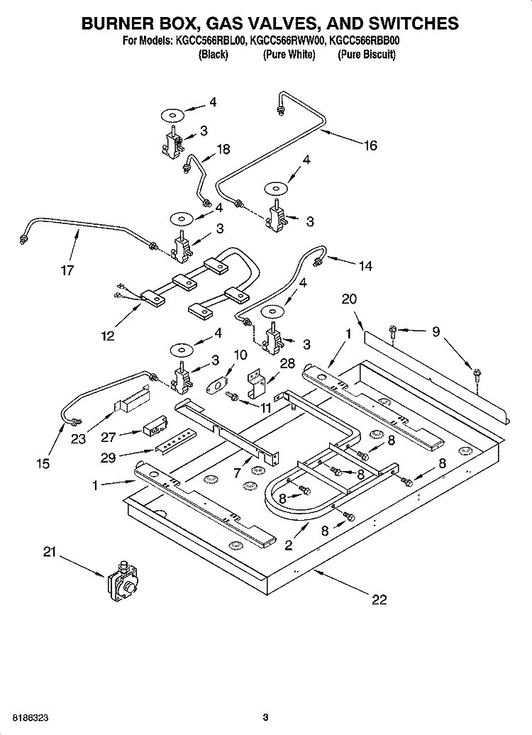 BURNER BOX, GAS VALVES, AND SWITCHES, OPTIONAL PARTS Diagram and Parts List for KGCC566RWW00  KitchenAid Cooktop